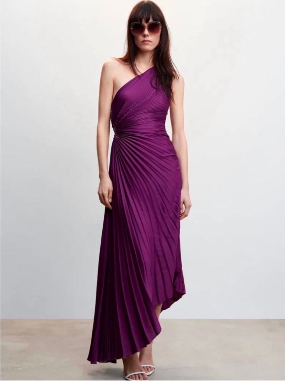 One-Shoulder Pleated Cut-Out Dress in Deep Purple